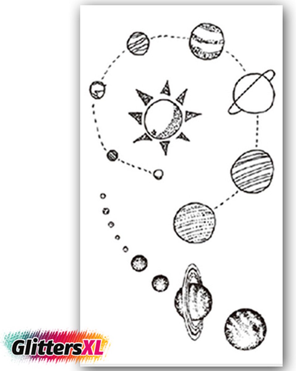 GlittersXL - Temporary Tattoo Ruimte/Planeten (11x6cm) [Neptattoo - Tijdelijke tatoeage - Nep Fake Tattoos - Water overdraagbare festival sticker henna outfit tattoo - Glitter tattoo - Volwassenen Kinderen Jongen Meisje]